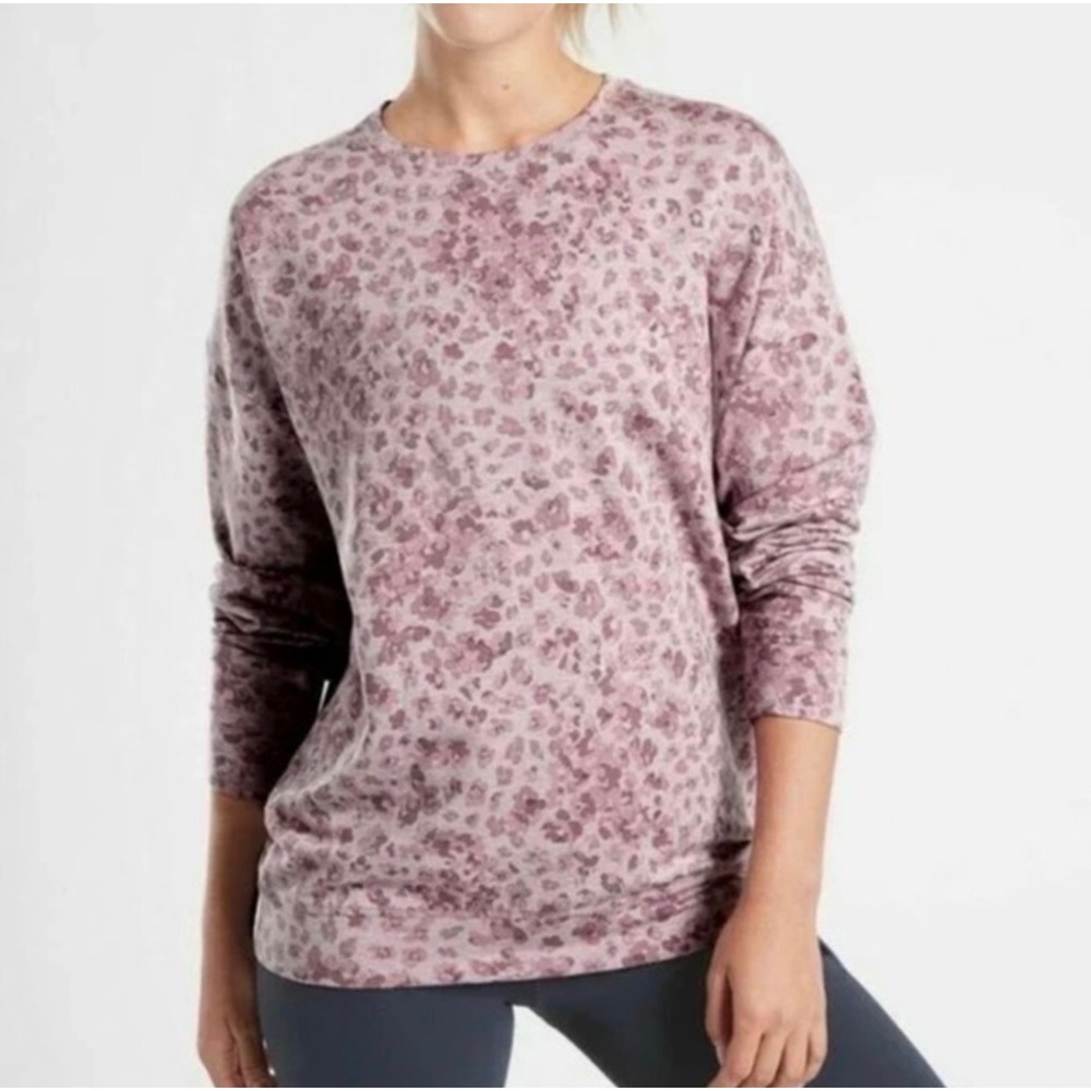 Athleta Luxe Sweatshirt Size XL Mauve Purple Leopard Print Tencel Blend Oversize
